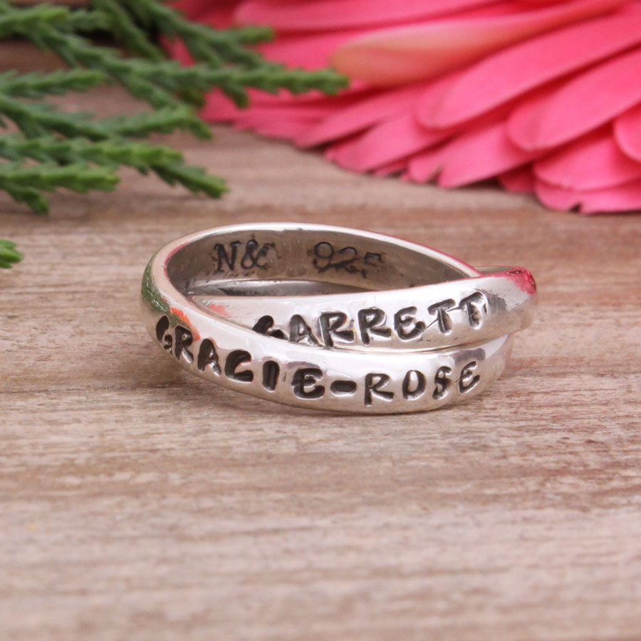 Double Band Grandmothers Name Ring Silver Personalized And Hand